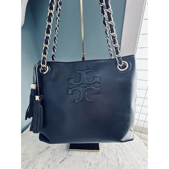 Tory Burch Thea Black Leather Slouchy Bridle Gold Chain Tote Shoulder Bag Purse - Picture 14 of 16
